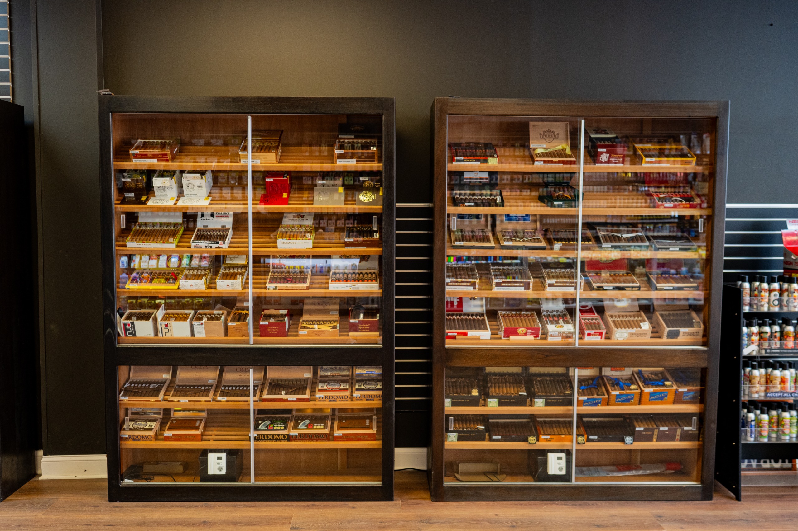 Cigar humidors stocked with cigar boxes